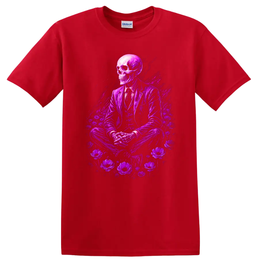 Purple skeleton in suit surrounded by flowers in vintage gothic illustration on a Red T Shirt
