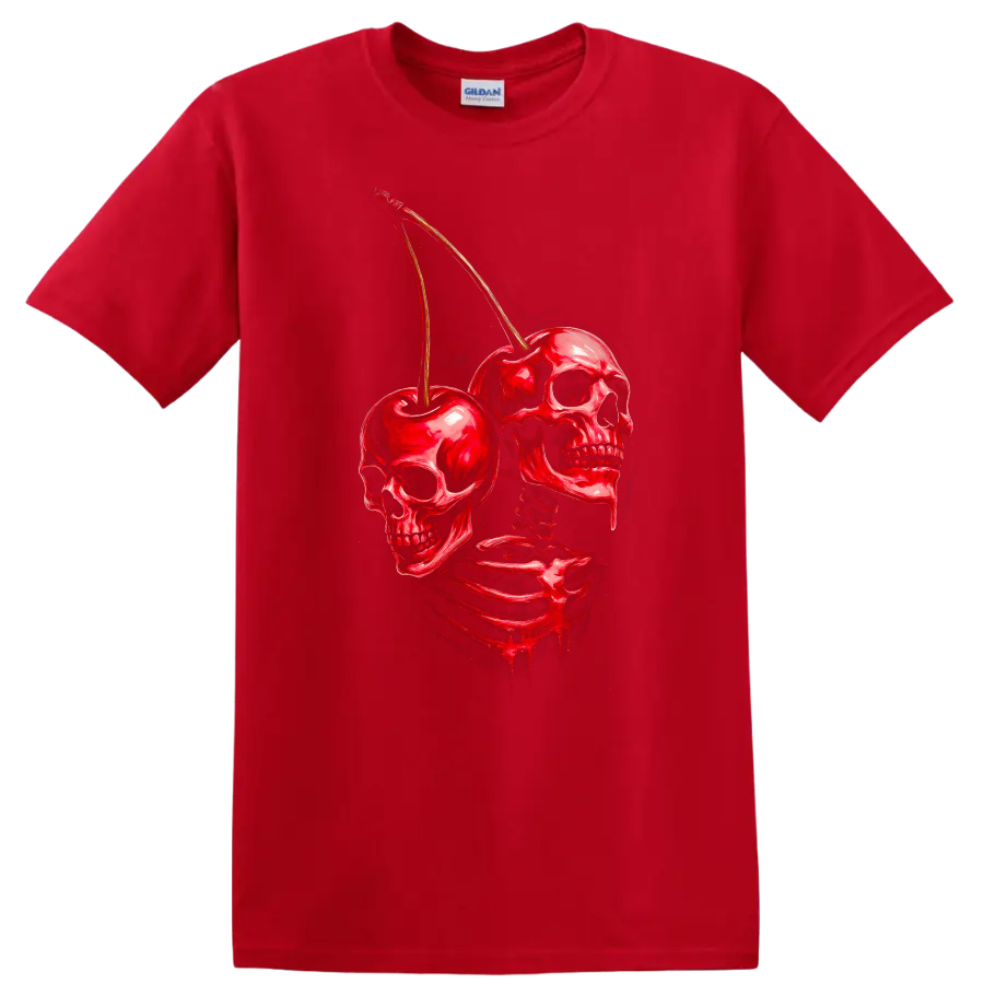 Red skeleton with skulls and cherries in a distressed vintage gothic illustration on a Red T Shirt
