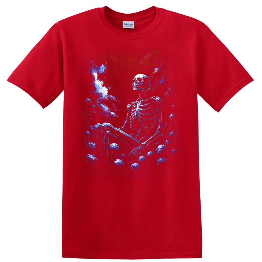 Blue skeleton seated in a dark floral garden beneath a dramatic gothic painted sky on a Red T Shirt