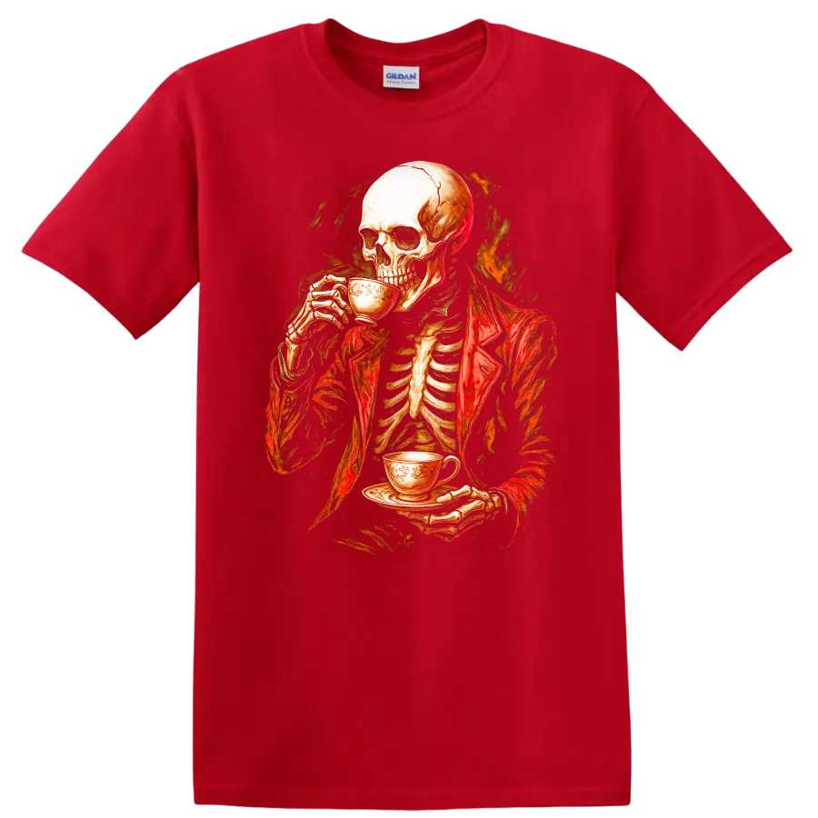 Vintage gothic skeleton in a red jacket drinking tea with a fiery dark backdrop on a Red T Shirt