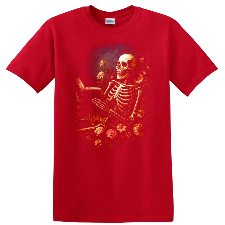 Vintage gothic skeleton reading a book surrounded by red flowers on a Red T Shirt