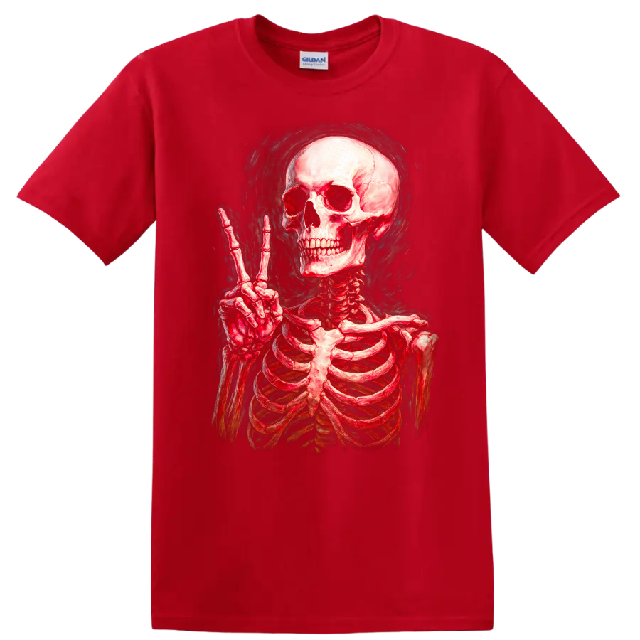 Vintage red skeleton skull making a peace sign in smoky gothic illustration style on a Red T Shirt