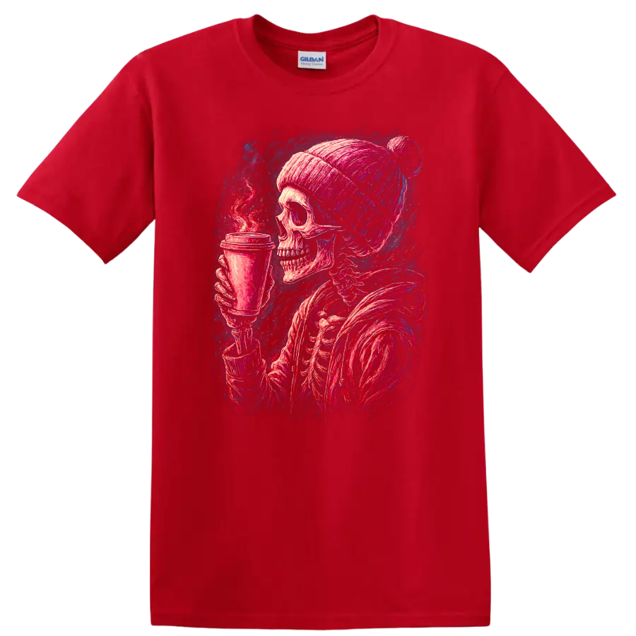 Vintage gothic skeleton in a beanie holding a steaming coffee cup on a Red T Shirt