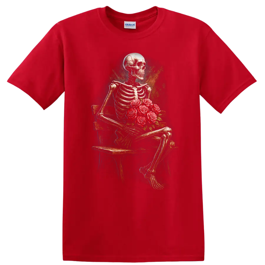 Vintage gothic skeleton holding red roses on a bench in distressed floral art on a Red T Shirt