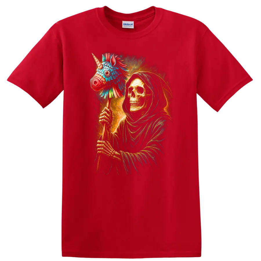 Hooded skeleton holding a colorful unicorn piñata in a vivid gothic illustration on a Red T Shirt