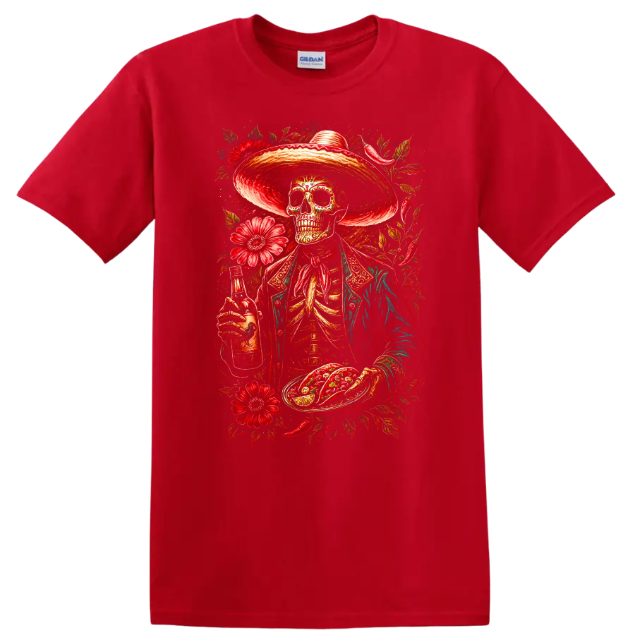 Vintage gothic skeleton in sombrero with tacos, bottle, and red flowers on a Red T Shirt