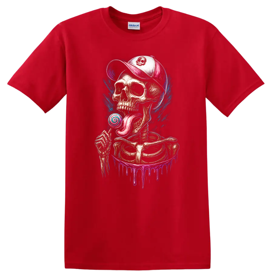 Gothic skeleton skull in cap licking a spiral lollipop with colorful paint drips on a Red T Shirt