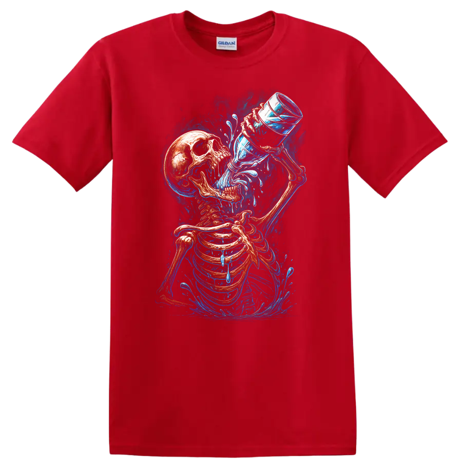 Vintage gothic skeleton drinking water with vivid blue splashes and skull art on a Red T Shirt