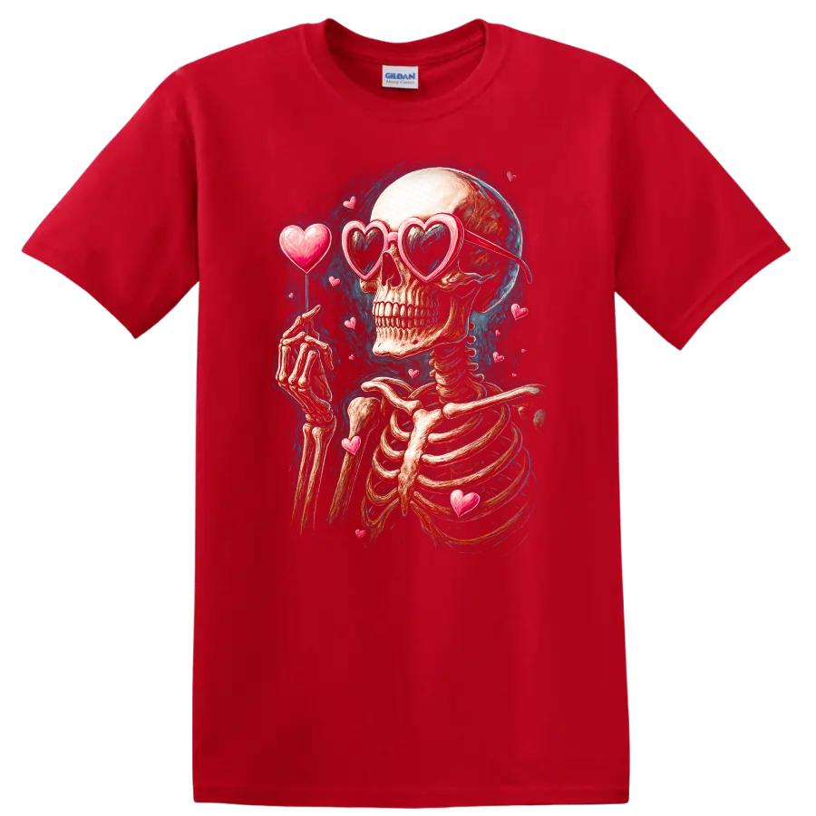 Vintage gothic skeleton in heart sunglasses surrounded by floating hearts on a Red T Shirt