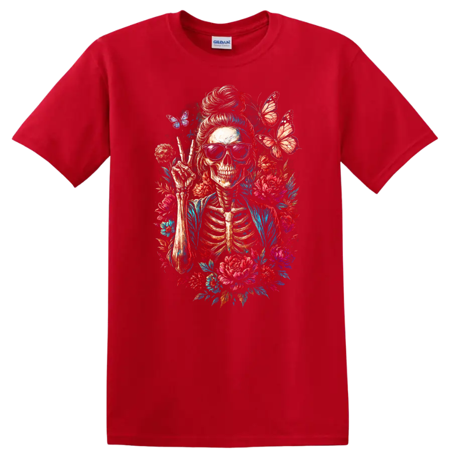 Vintage skeleton in sunglasses making a peace sign with flowers and butterflies on a Red T Shirt