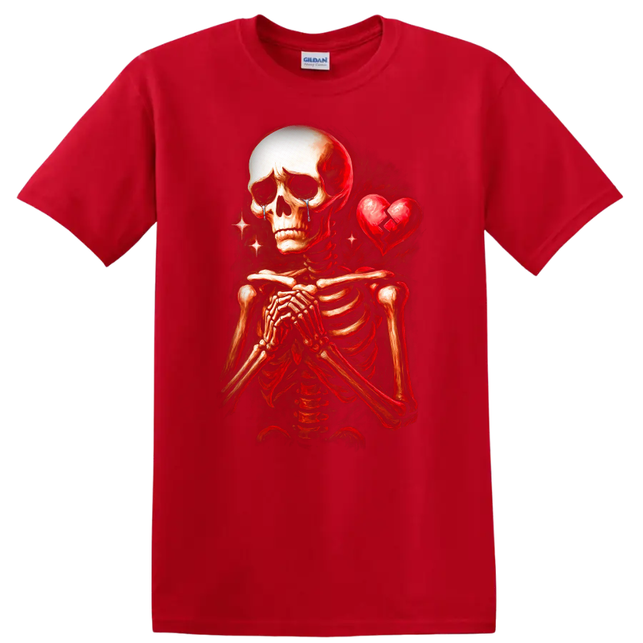 Crying skeleton with clasped hands and cracked heart in vintage gothic art on a Red T Shirt