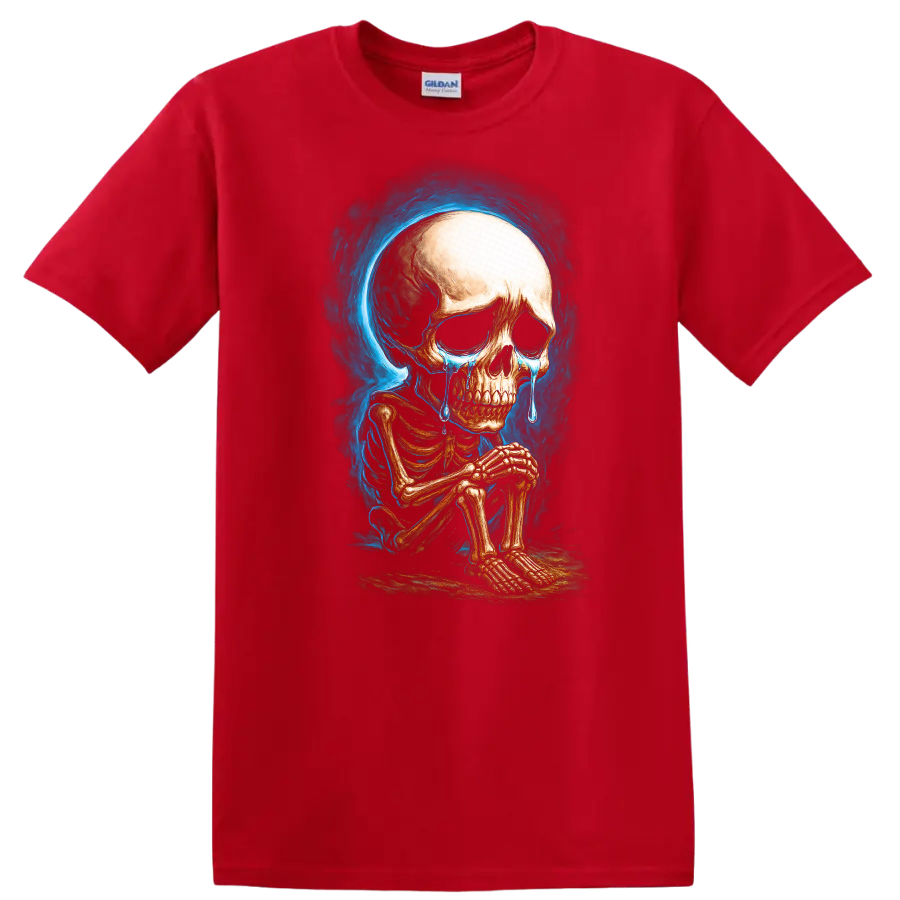 Crying seated skeleton with blue tears and smoky gothic skull artwork on a Red T Shirt