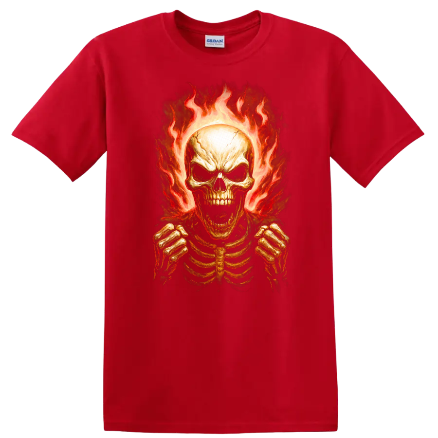 Vintage gothic flaming skeleton skull with rib cage and clenched hands on a Red T Shirt