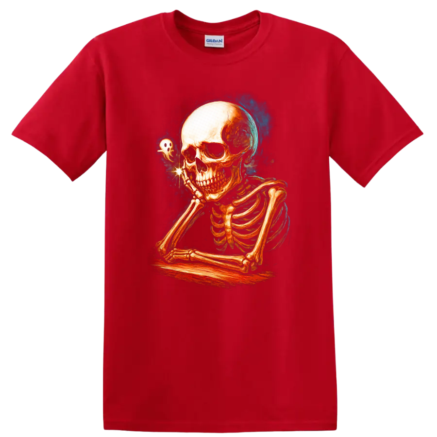 Contemplative skeleton with a tiny ghost in vintage Gothic illustration on a Red T Shirt