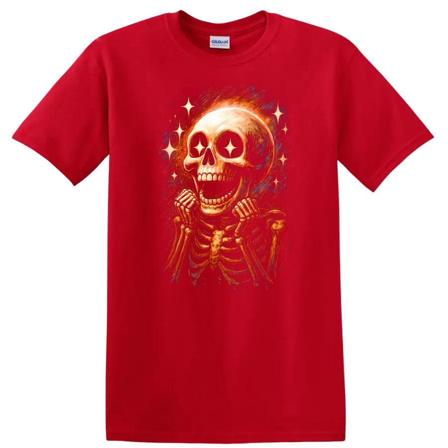 Vintage gothic grinning skeleton skull with sparkling star eyes and radiant stars on a Red T Shirt