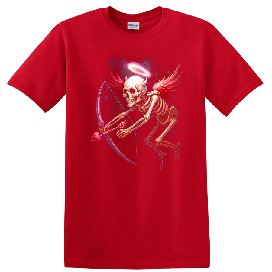 Winged skeleton archer with halo, red wings, and heart-shaped bow in gothic art on a Red T Shirt
