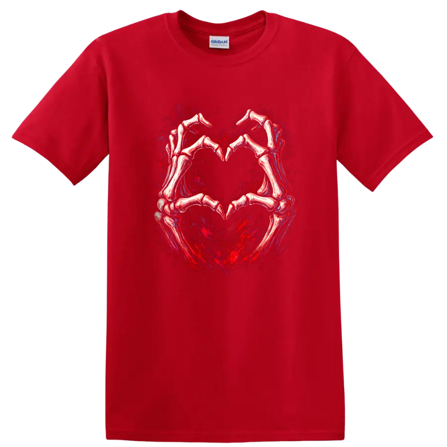 Skeletal hands forming a heart in distressed red and black gothic art on a Red T Shirt