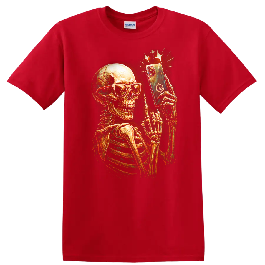Vintage skeleton in sunglasses holding a smartphone gothic graphic print on a Red T Shirt