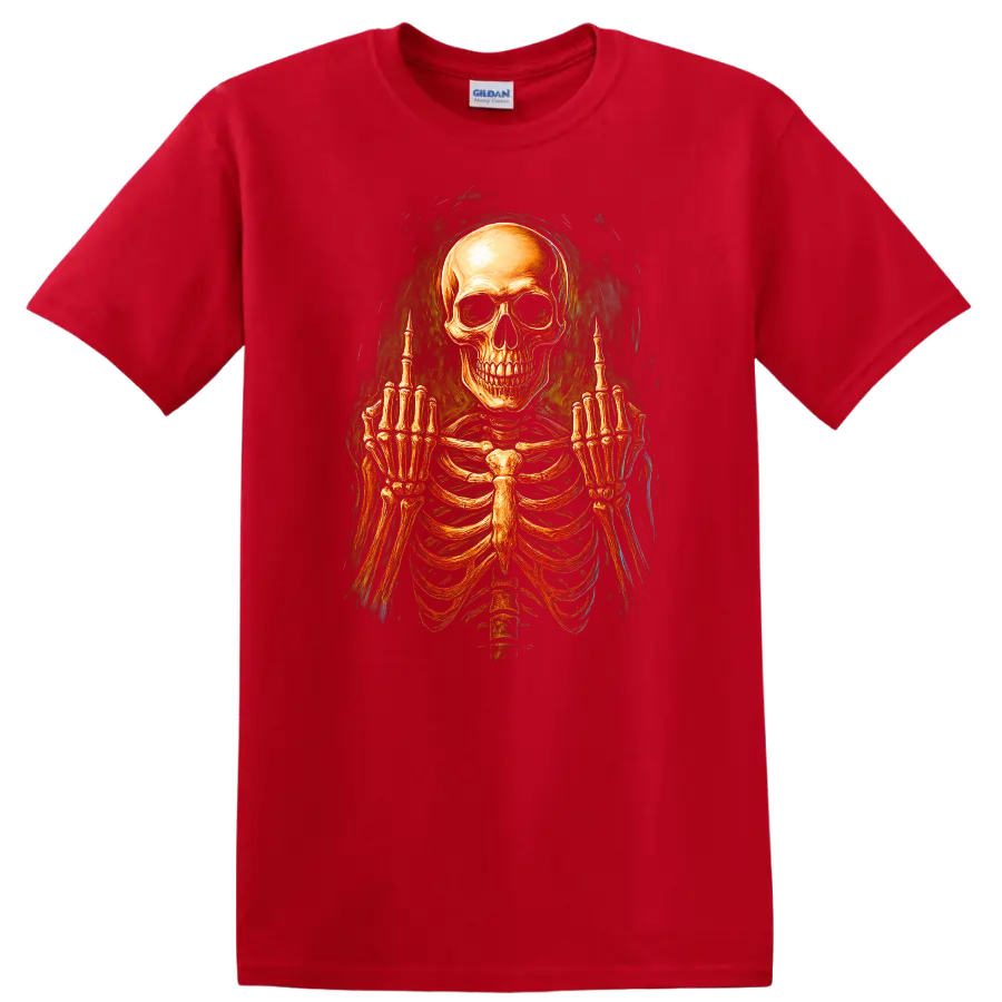 Vintage gothic skeleton skull and rib cage graphic with raised middle-finger hands on a Red T Shirt