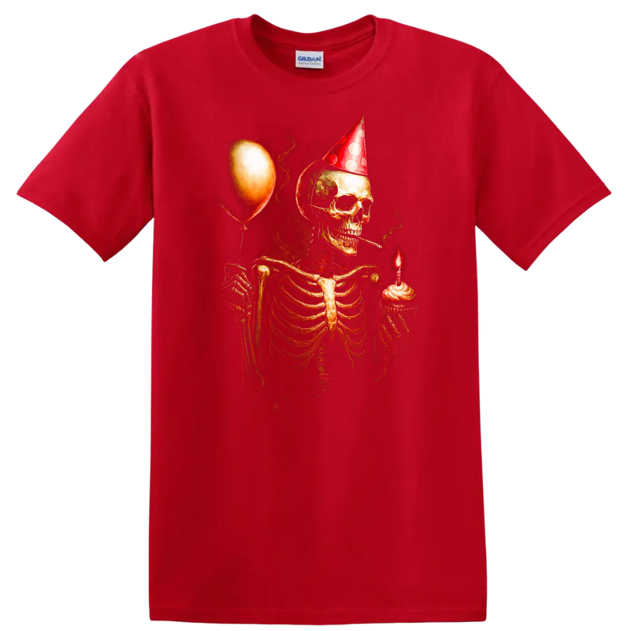 Vintage gothic skeleton in party hat holding a cupcake candle and balloon on a Red T Shirt