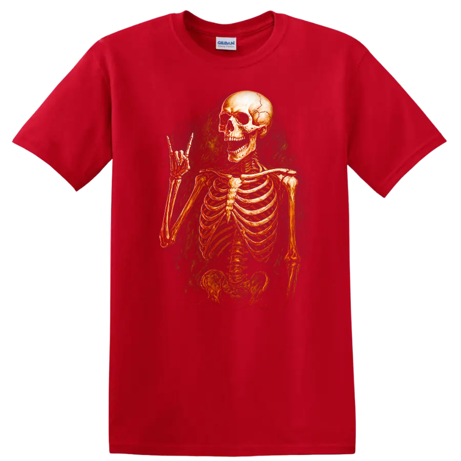 Vintage grinning skeleton raising a horn hand in distressed gothic illustration on a Red T Shirt