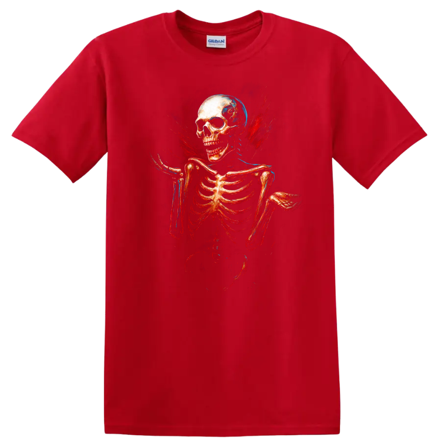 Vintage skull and skeleton graphic with red and blue gothic splatter on a Red T Shirt