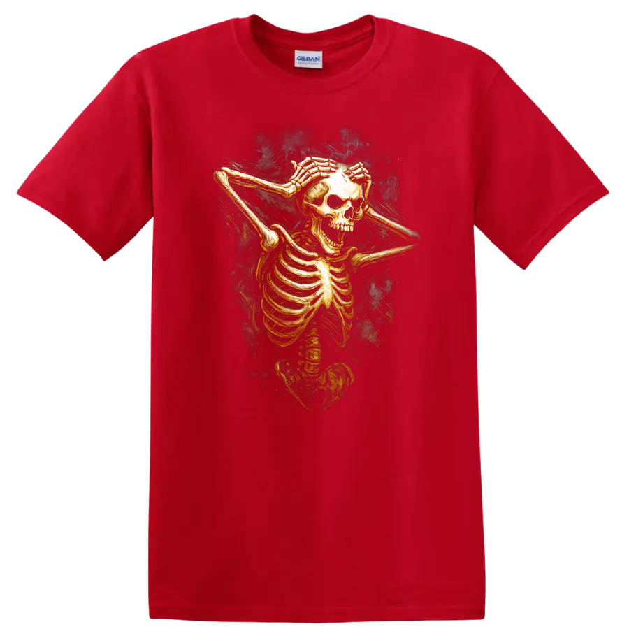 Vintage gothic skeleton skull illustration with hands framing its face on a Red T Shirt
