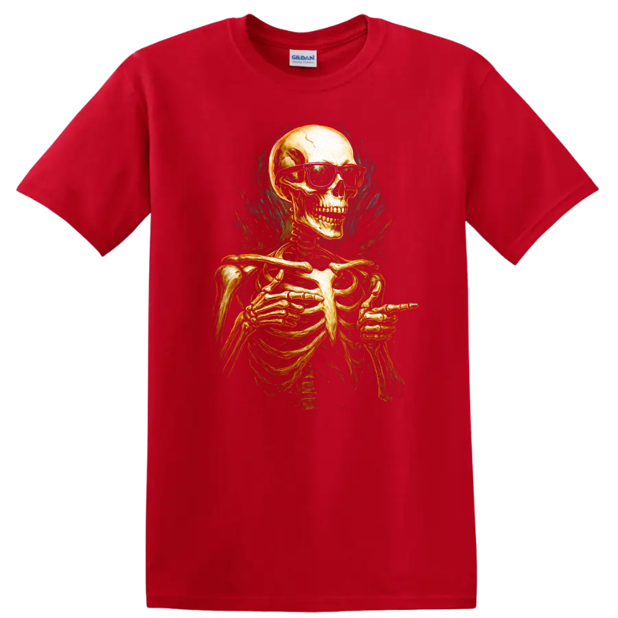 Vintage gothic skeleton in sunglasses pointing, with smoky teal flame-like artwork on a Red T Shirt
