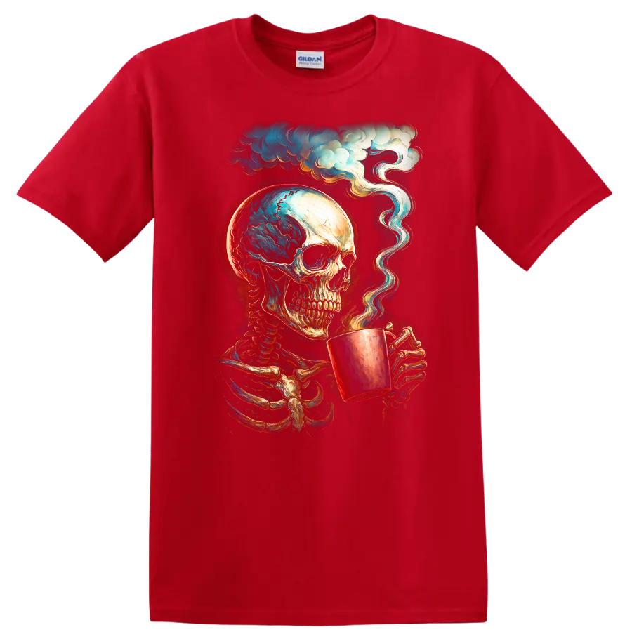 Vintage gothic skeleton skull holding a steaming cup beneath swirling clouds on a Red T Shirt