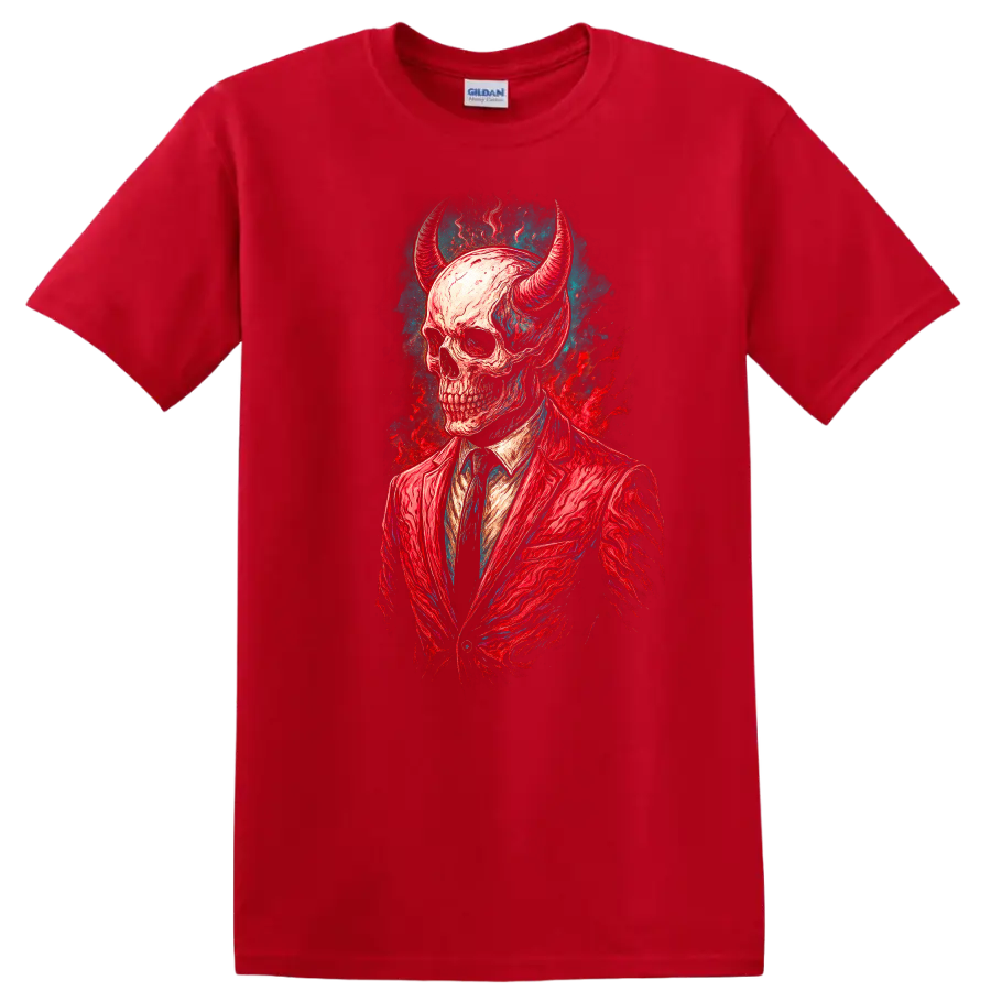 Horned skull in red suit, vintage gothic illustration with teal and red splashes on a Red T Shirt