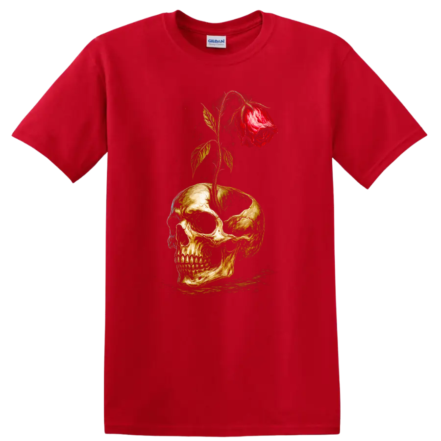 Vintage gothic skull graphic with a red rose growing through the top on a Red T Shirt