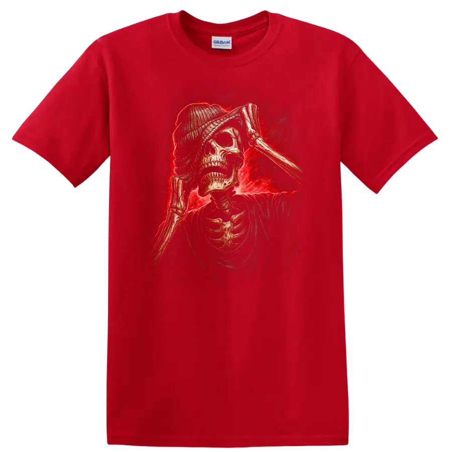 Vintage gothic skeleton skull in beanie with bony hands and red smoky glow on a Red T Shirt
