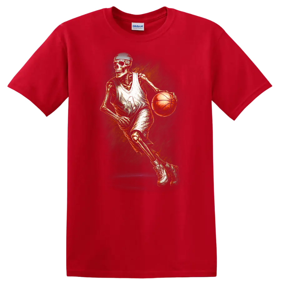 Vintage gothic skeleton basketball player dribbling with fiery orange artwork on a Red T Shirt