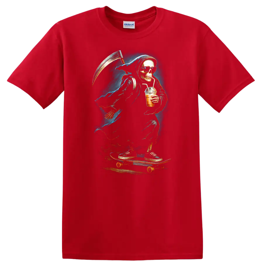 Vintage gothic Grim Reaper skeleton in sunglasses skating with a scythe and iced drink on a Red T Shirt
