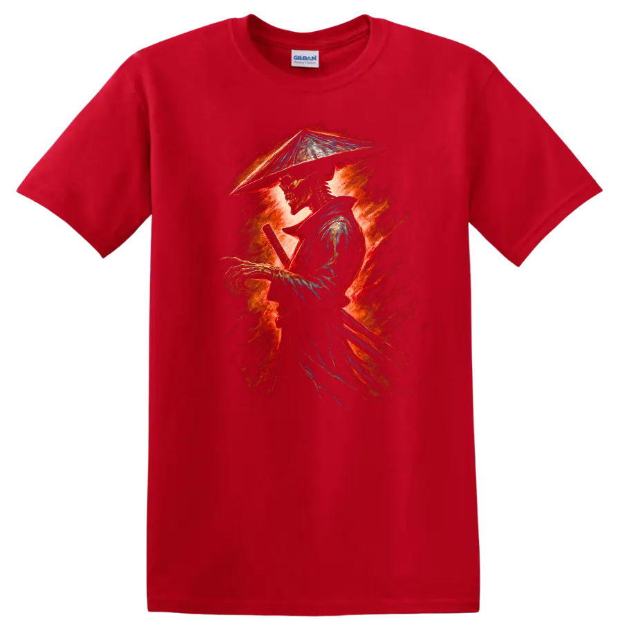 Fiery vintage-style skeleton samurai swordsman graphic in a conical hat on a Red T Shirt