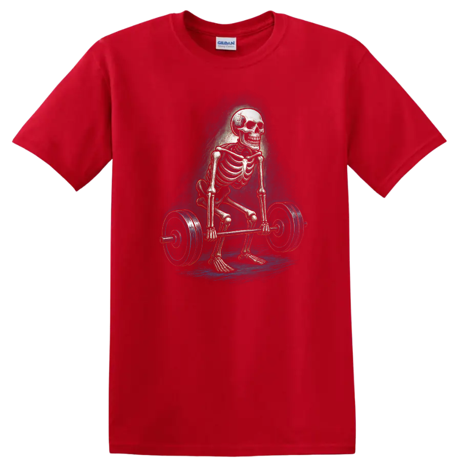 Vintage gothic skeleton performing a barbell deadlift graphic on a Red T Shirt