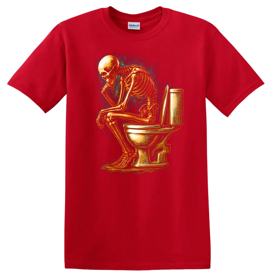 Vintage gothic skeleton sitting on a toilet in detailed dark humor artwork on a Red T Shirt