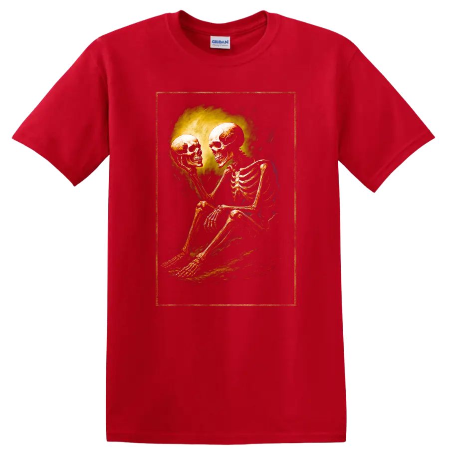 Vintage gothic skeleton holding a skull in a moody dark art illustration on a Red T Shirt