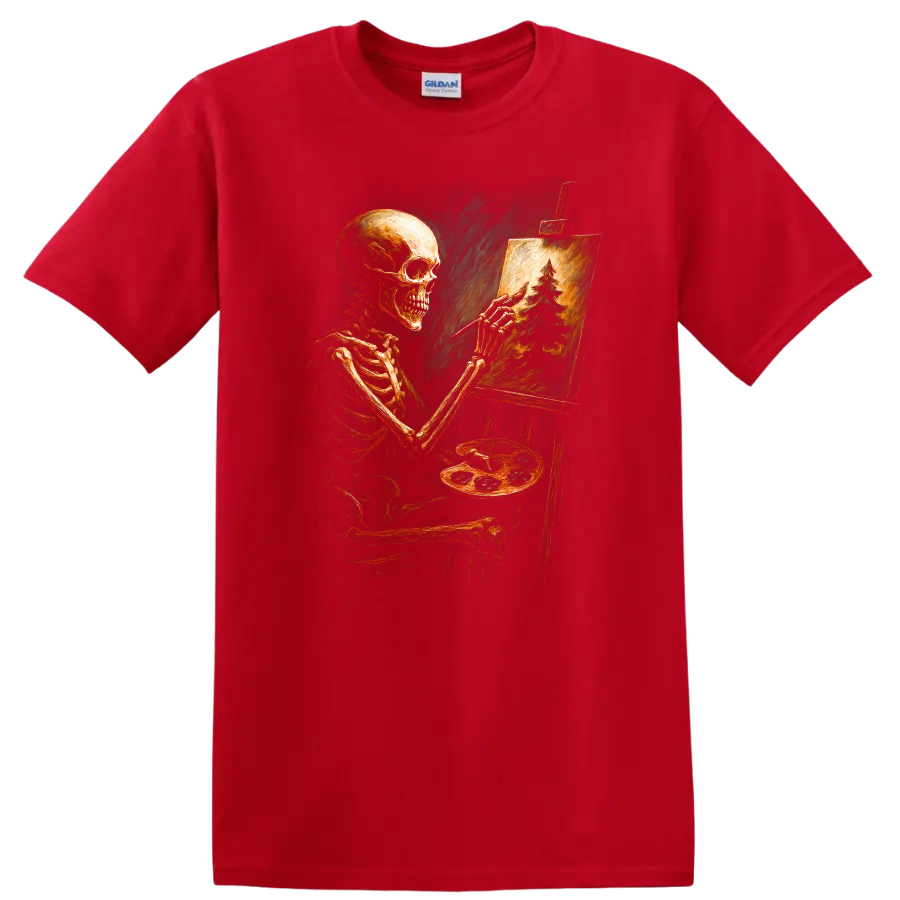 Vintage gothic skeleton artist painting an evergreen forest on an easel on a Red T Shirt