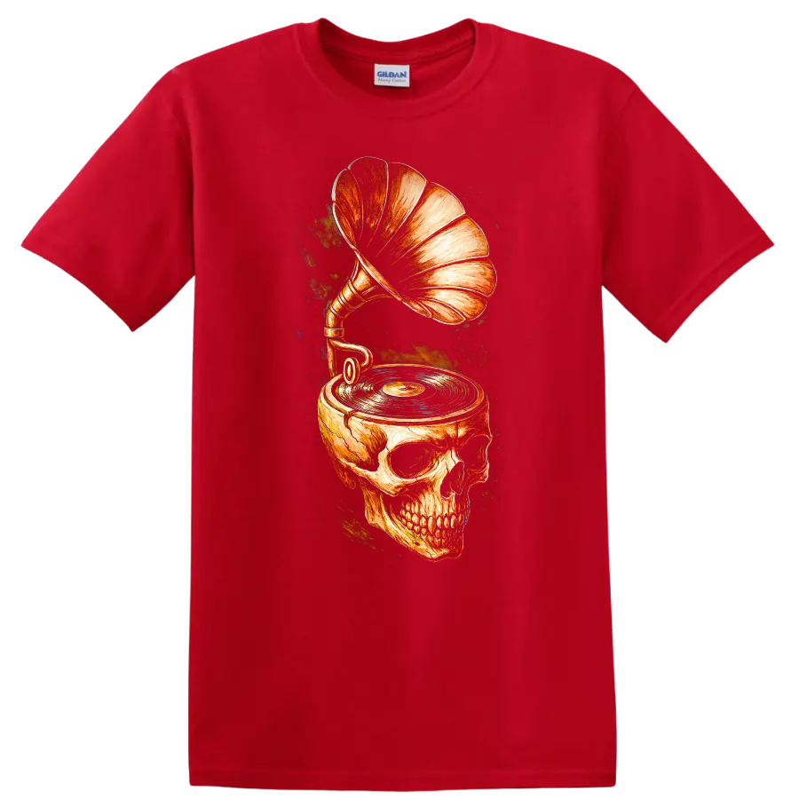 Vintage skull gramophone and turntable graphic with vinyl record on a Red T Shirt