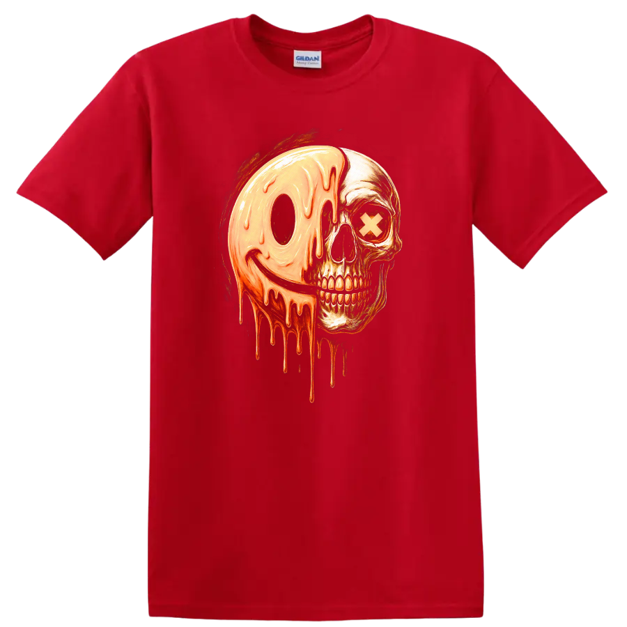 Vintage gothic skull with a melting orange smiley face and X eye graphic on a Red T Shirt