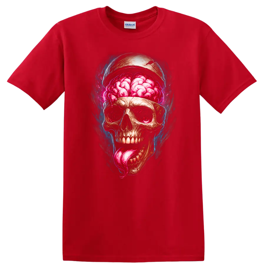 Exposed brain skull with pink tongue in vivid gothic horror illustration on a Red T Shirt