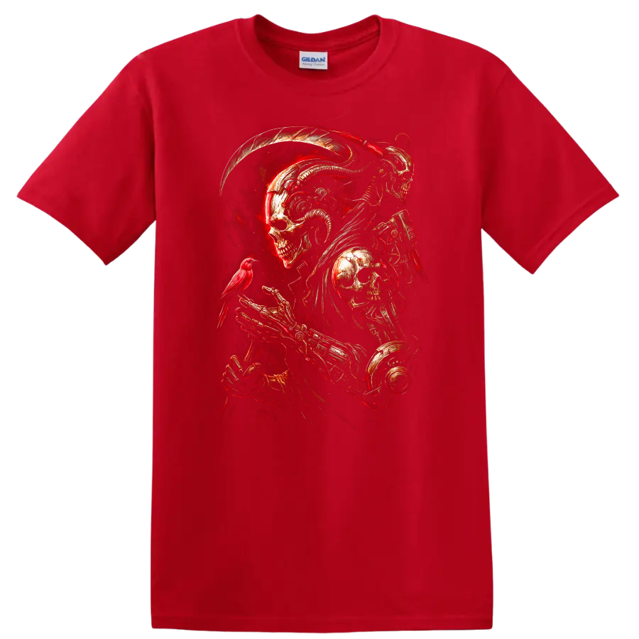 Mechanical skeleton reaper with skull armor, red bird, and fiery gothic art on a Red T Shirt