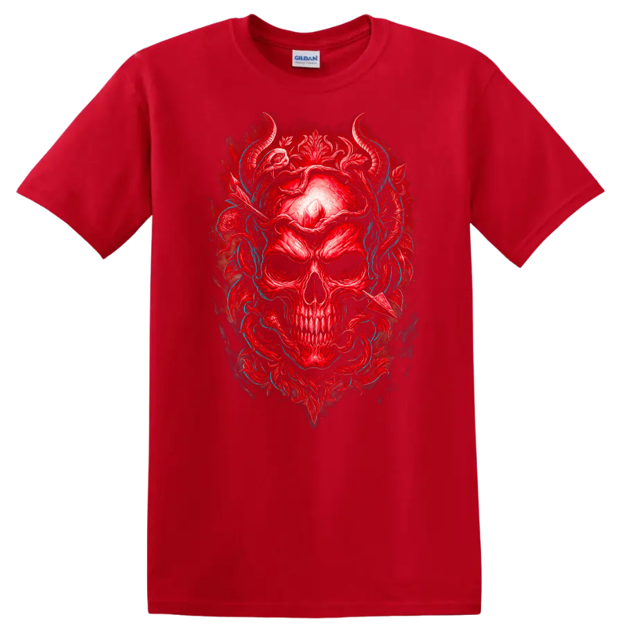 Red horned skull with crystal, gothic floral ornament, and teal vines on a Red T Shirt