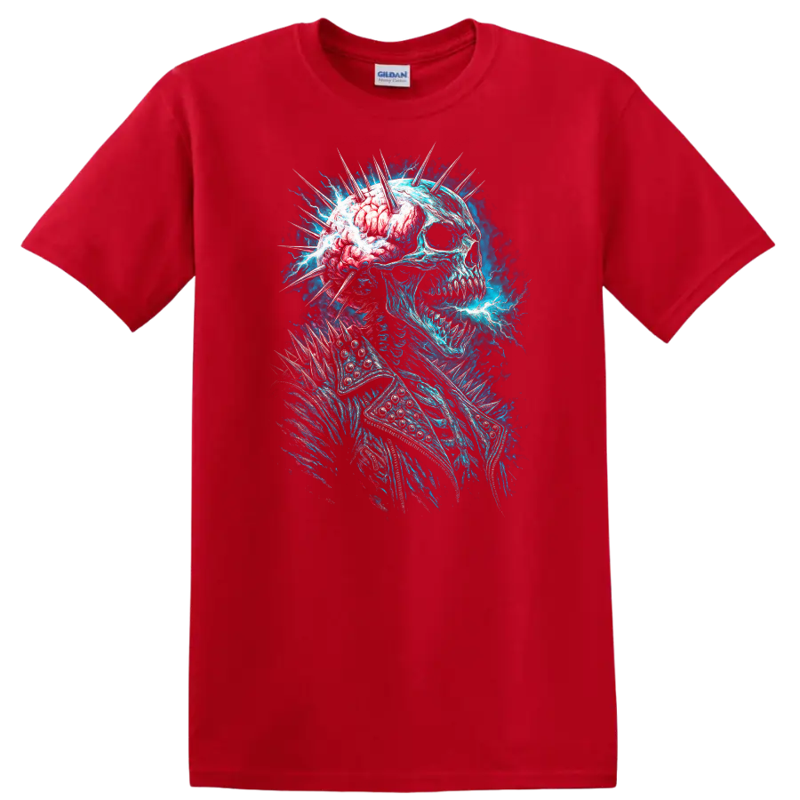 Electric blue skull with exposed brain, spikes, and gothic horror energy art on a Red T Shirt