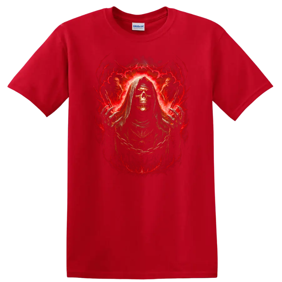 Hooded skull Grim Reaper in fiery red gothic horror artwork on a Red T Shirt