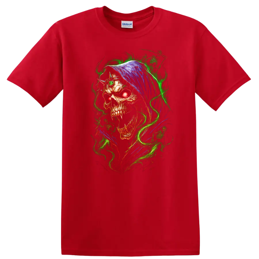 Hooded skull with glowing red eye and neon green flames in gothic horror art on a Red T Shirt