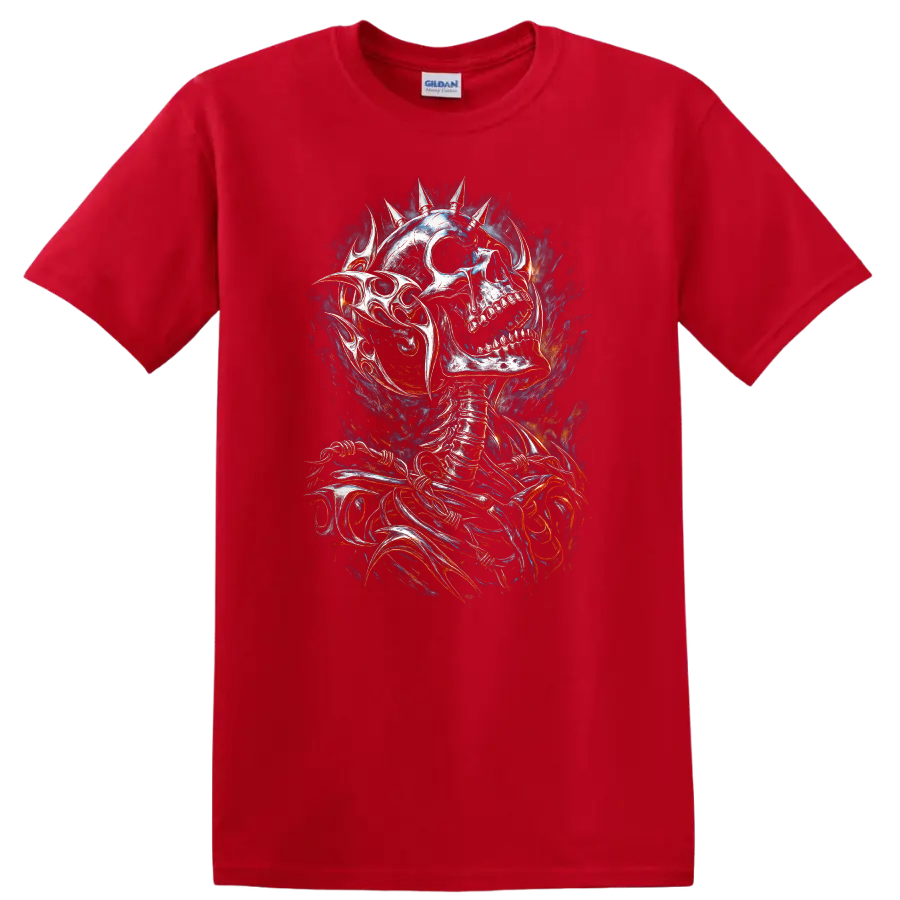 Spiked skeleton skull in distressed gothic horror art with smoky fiery accents on a Red T Shirt