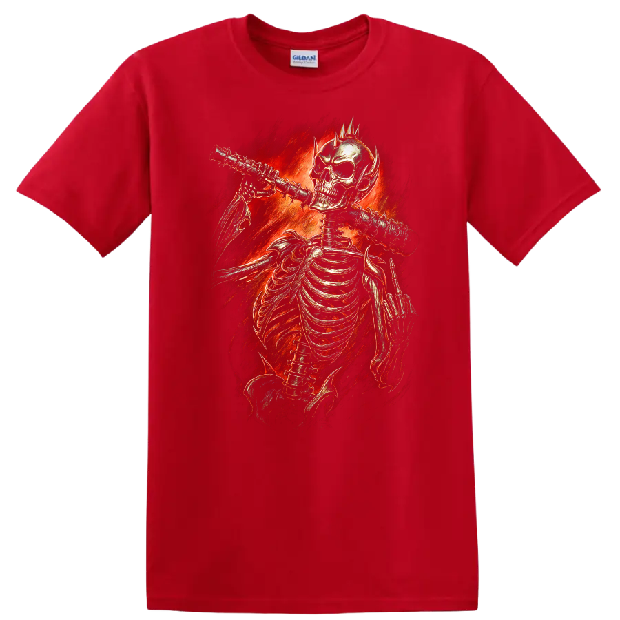 Vintage gothic skeleton playing flute amid fiery red flames on a Red T Shirt