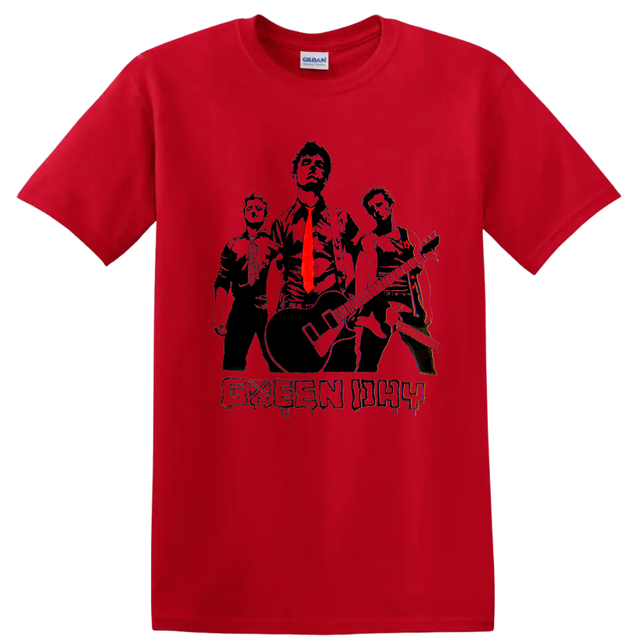Green Day rock band graphic print T shirt with three stylized figures and red - Red